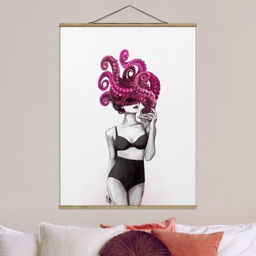 Quadros em tecido Illustration Woman In Underwear Black And White Octopus
