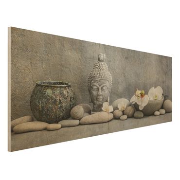 Quadros em madeira Zen Buddha With White Orchids
