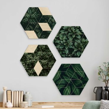 Quadros hexagonais 4 partes Green Leaves Geometry Set I