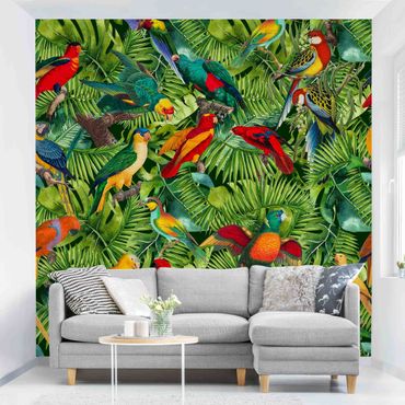 Mural de parede Colourful Collage - Parrots In The Jungle