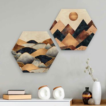Quadros hexagonais Geometric & Golden Mountains Watercolour
