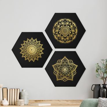 Quadros hexagonais 3 partes Mandala Flower Sun Illustration Set Black Gold
