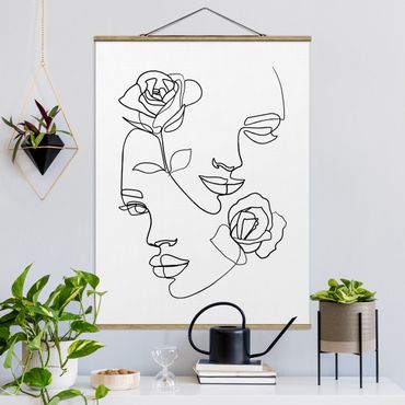 Quadros em tecido Line Art Faces Women Roses Black And White