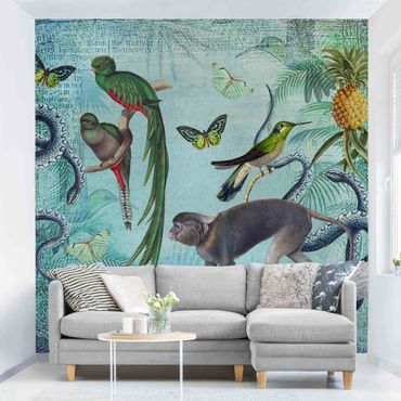 Mural de parede Colonial Style Collage - Monkeys And Birds Of Paradise