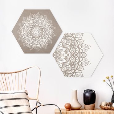 Quadros hexagonais Mandala Illustration Shabby Set Beige White