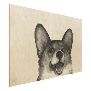 Quadros em madeira Illustration Dog Corgi Black And White Painting