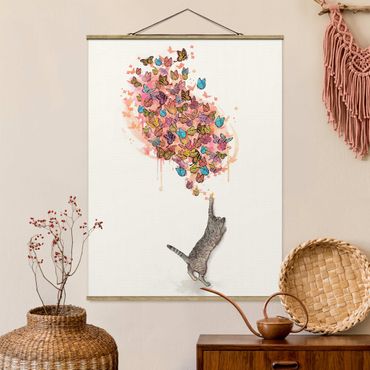 Quadros em tecido Illustration Cat With Colourful Butterflies Painting