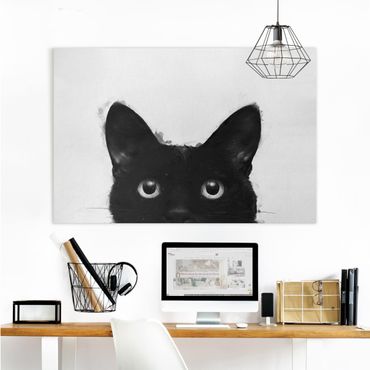 Telas decorativas Illustration Black Cat On White Painting