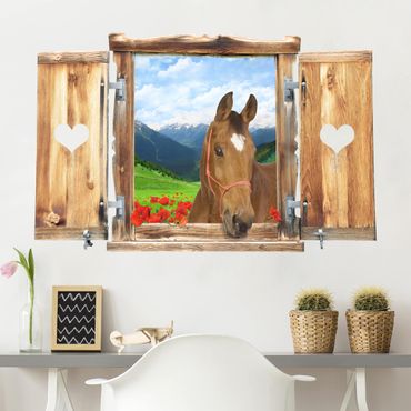 Autocolantes de parede Window With Heart And Horse Alpine Meadow
