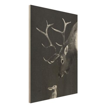 Quadros em madeira Illustration Deer And Rabbit Black And White Drawing