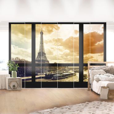 Painéis japoneses Window view - Paris Eiffel Tower sunset