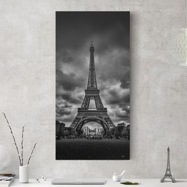 Telas decorativas Eiffel Tower In Front Of Clouds In Black And White