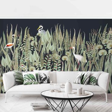 Mural de parede Flamingo And Stork With Plants On Green