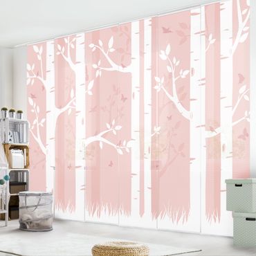 Painéis japoneses Pink Birch Forest With Butterflies And Birds