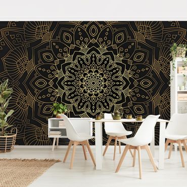 Papel de parede padrões Mandala Flower Pattern Gold Black