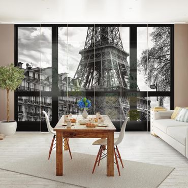 Painéis japoneses Window view Paris - Near the Eiffel Tower black and white