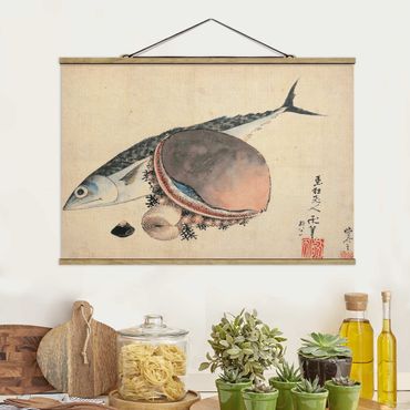 Quadros em tecido Katsushika Hokusai - Mackerel and Sea Shells