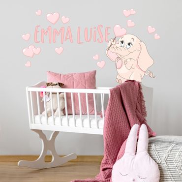 Autocolantes de parede Pink Baby Elephant With Many Hearts