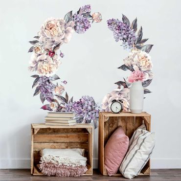 Autocolantes de parede Watercolour Lilac Peonies Wreath XXL