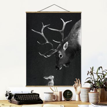Quadros em tecido Illustration Deer And Rabbit Black And White Drawing