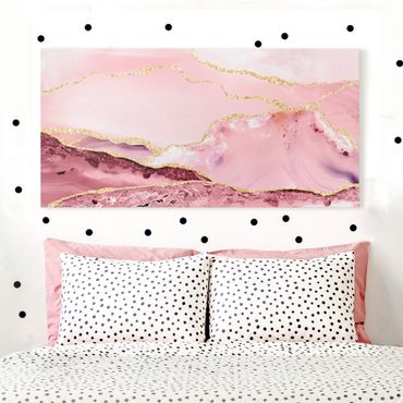 Telas decorativas Abstract Mountains Pink With Golden Lines
