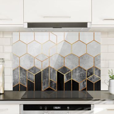 Painel anti-salpicos de cozinha Golden Hexagons Black And White