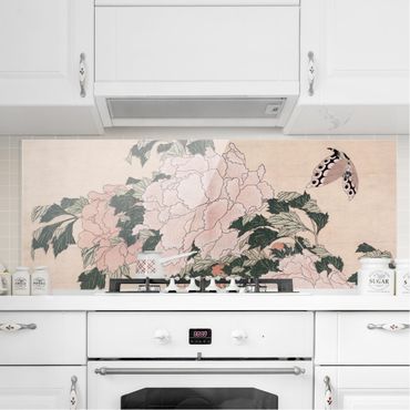 Painel anti-salpicos de cozinha Katsushika Hokusai - Pink Peonies With Butterfly