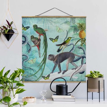 Quadros em tecido Colonial Style Collage - Monkeys And Birds Of Paradise