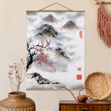 Quadros em tecido Japanese Watercolour Drawing Cherry Tree And Mountains