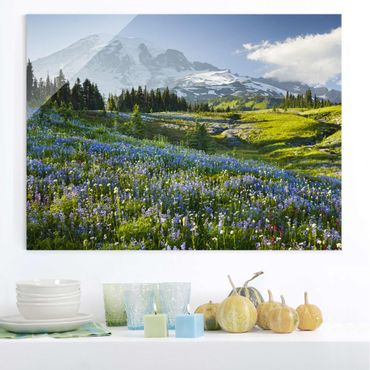 Quadros em vidro Mountain Meadow With Blue Flowers in Front of Mt. Rainier