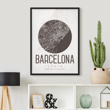 Quadros com moldura Barcelona City Map - Retro