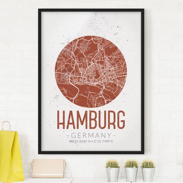 Quadros com moldura Hamburg City Map - Retro