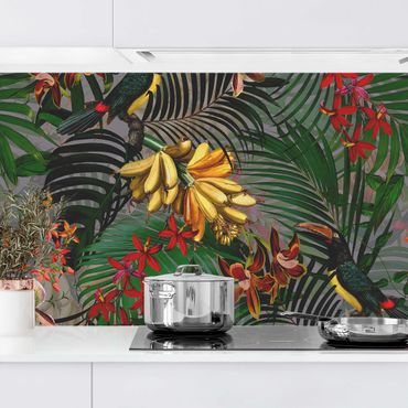 Backsplash de cozinha Tropical Ferns With Tucan Green
