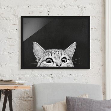 Quadros com moldura Illustration Cat Black And White Drawing