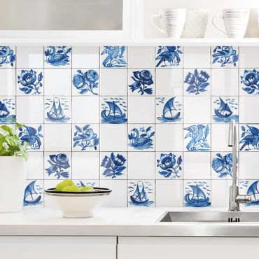 Backsplash de cozinha Hand Painted Tiles With Flowers, Ships And Birds