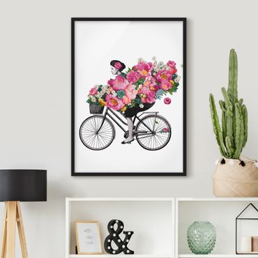 Quadros com moldura Illustration Woman On Bicycle Collage Colourful Flowers