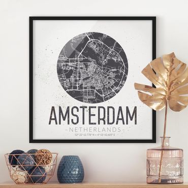 Quadros com moldura Amsterdam City Map - Retro