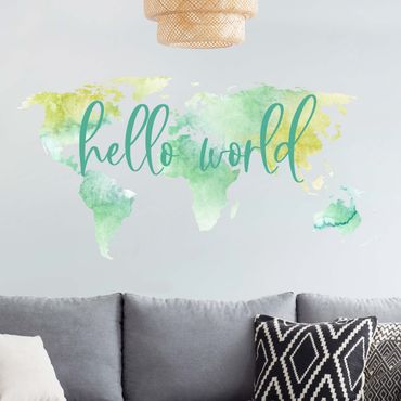 Autocolantes de parede Watercolor world map turquoise with desired text