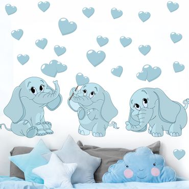 Autocolantes de parede Three blue elephant babies with hearts