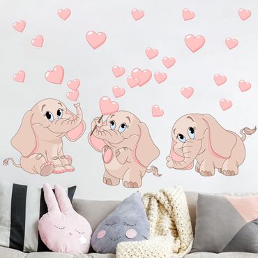 Autocolantes de parede Three pink elephant babies with hearts