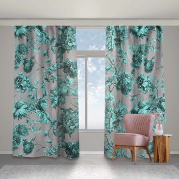 Cortinas Floral Copper Engraving Turquoise Grey