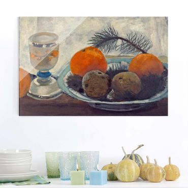 Quadros em vidro Paula Modersohn-Becker - Still Life with frosted Glass Mug, Apples and Pine Branch