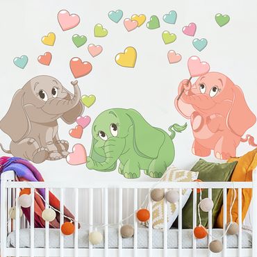 Autocolantes de parede Rainbow elephant babies with colorful hearts