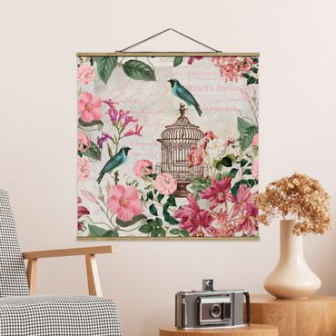 Quadros em tecido Shabby Chic Collage - Pink Flowers And Blue Birds