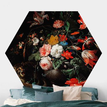 Papel de parede hexagonal Abraham Mignon - The Overturned Bouquet