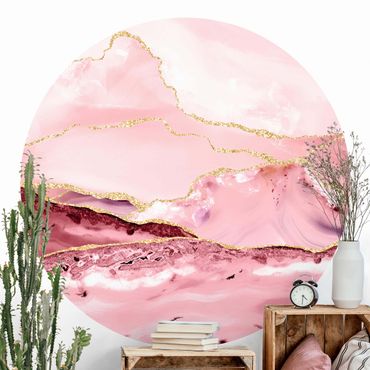 Papel de parede redondo Abstract Mountains Pink With Golden Lines