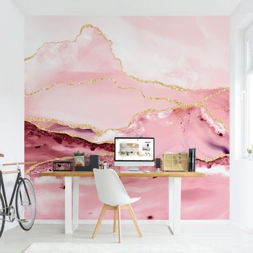 Mural de parede Abstract Mountains Pink With Golden Lines
