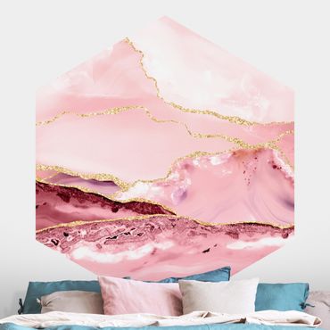 Papel de parede hexagonal Abstract Mountains Pink With Golden Lines