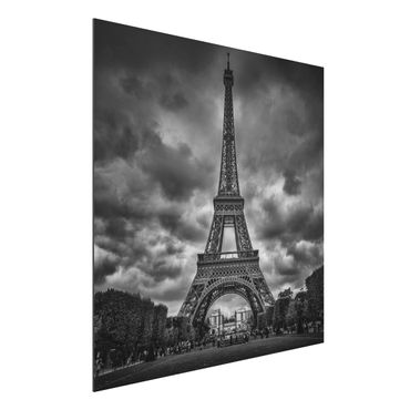 Quadros em alumínio Dibond Eiffel Tower In Front Of Clouds In Black And White