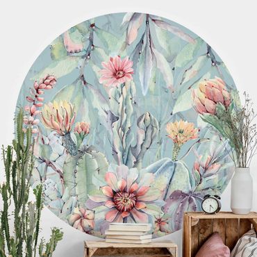 Papel de parede redondo Watercolour Blooming Cacti Bouquet